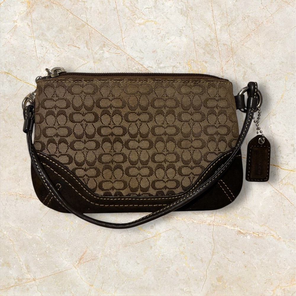Vintage Coach Signature Mini C Monogram Canvas Brown Suede Leather Trim Wristlet